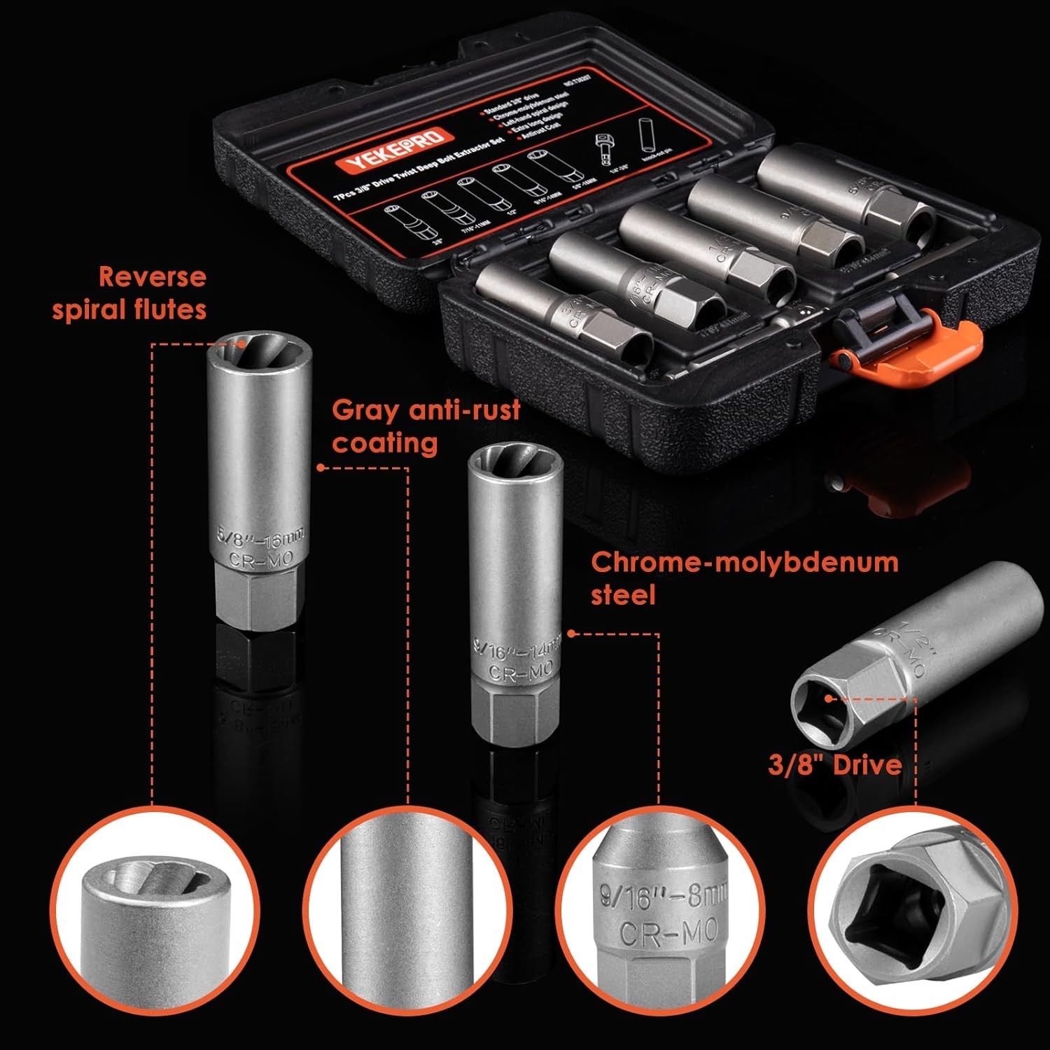 16pcs 3/8″ Deep Well Bolt Extractor Set Spark Plug Removal Extraction Socket