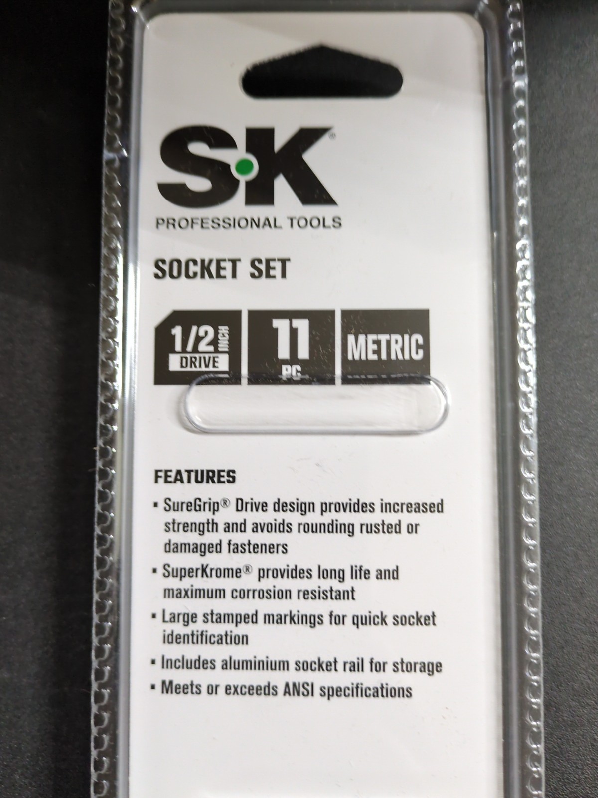 SK Professional Tools 1/2″Drive 11 Piece 6 Point Metric Socket Set w/ Rail New