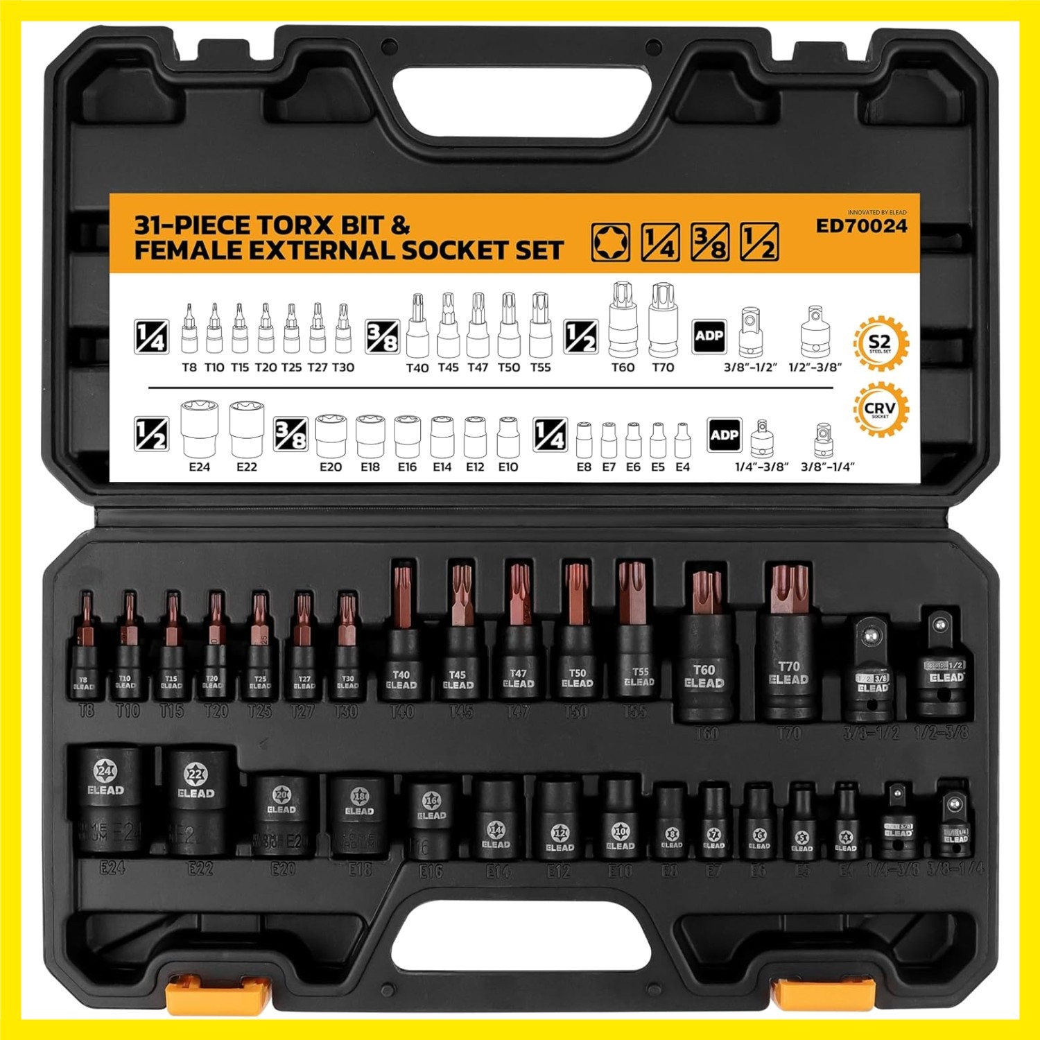 31-Piece Torx Bit Socket Set: 14 Star Bits T8-T70 & 13 E-Torx Sockets E4-E24,…