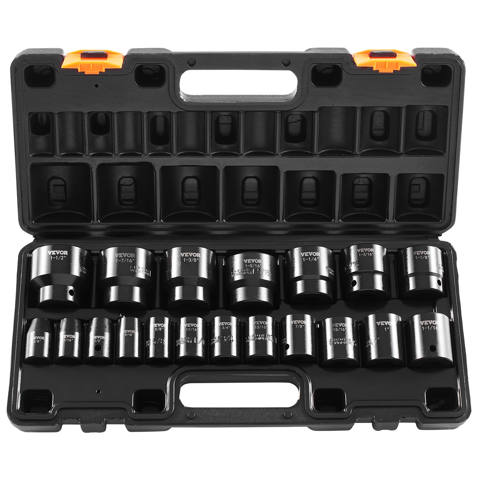 Impact Socket Set 1/2 Inches 19 PCS, 3/8» to 1-1/2» SAE 6-Point Hex Sockets