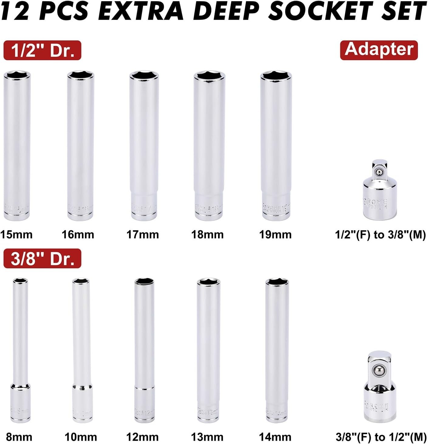 12-Piece Deep Socket Set 3/8 & 1/2 Inch Drive Chrome Vanadium with Case
