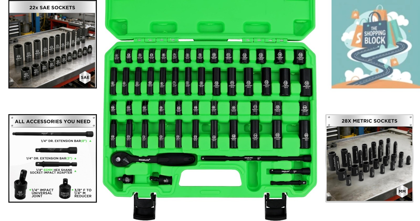 SWANLAKE 56-Piece 1/4″ Drive Impact Socket Set, SAE & Metric, Cr-V, Black