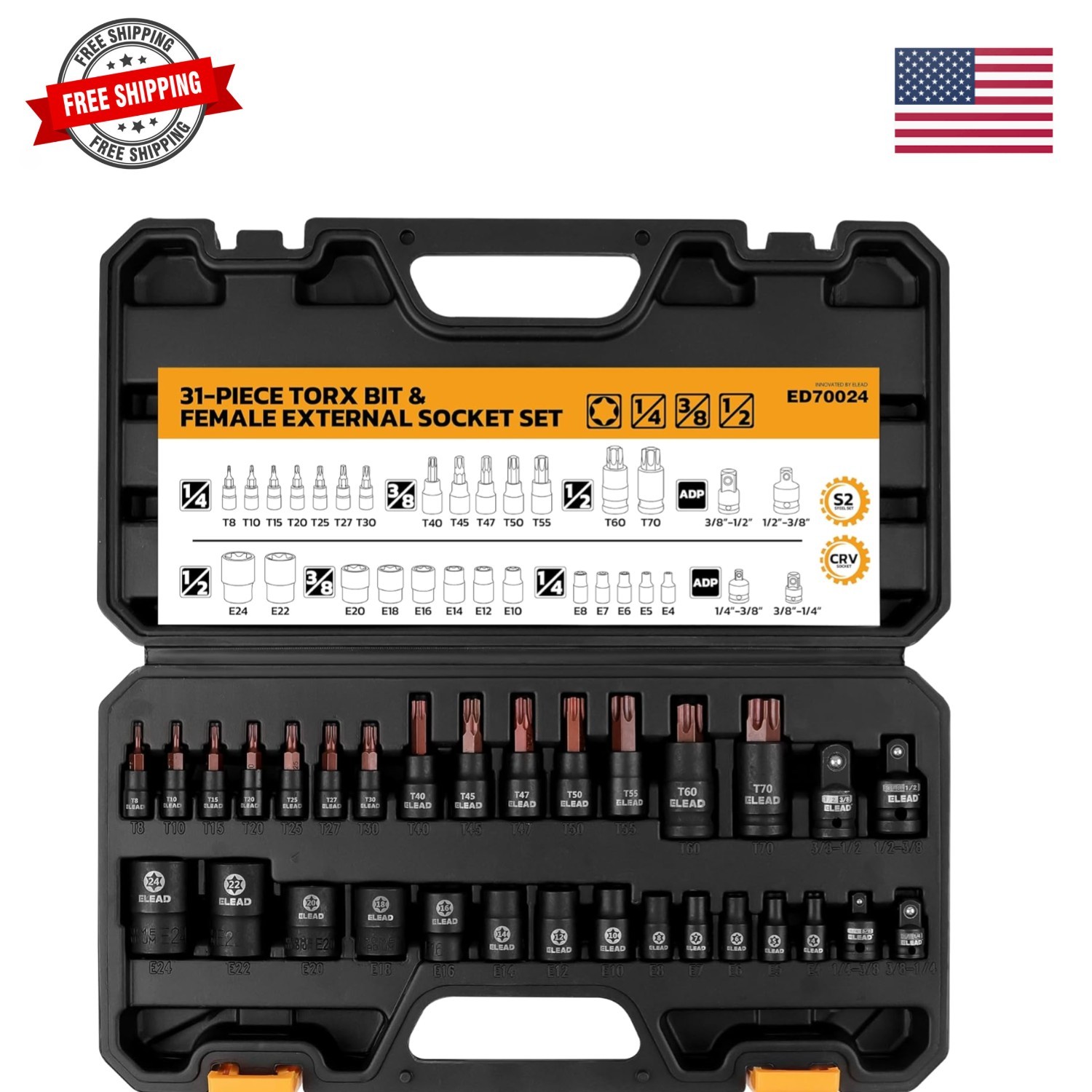 31-Piece Torx Bit Socket Set: 14 Star Bits T8-T70 & 13 E-Torx Sockets E4-E24,…
