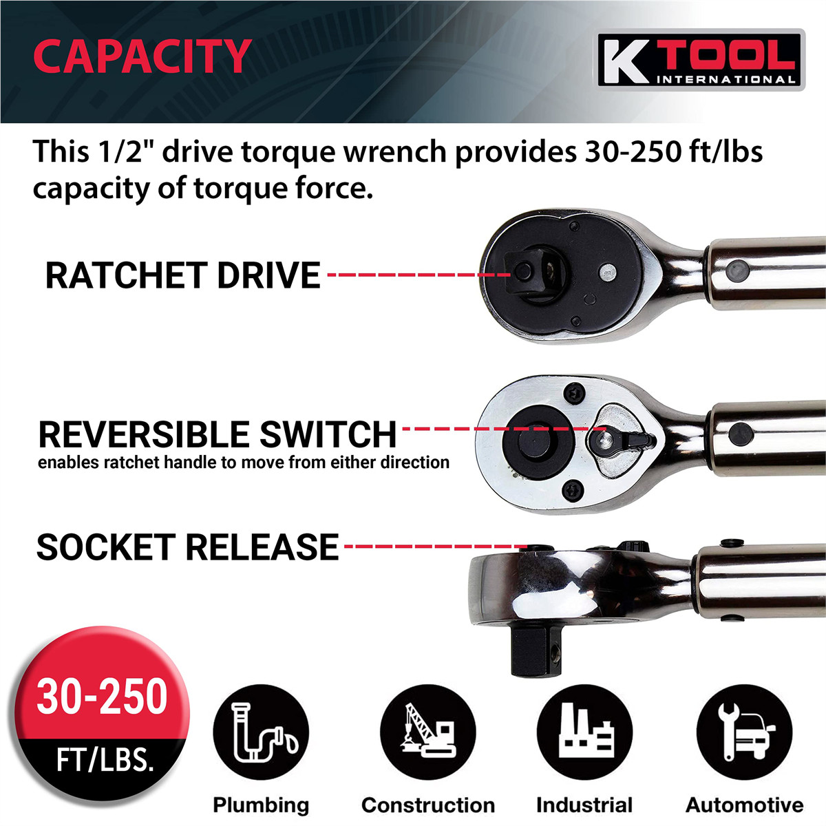 K-Tool 72126A 1/2″ Drive 24.5″ Long Adj Torque Wrench 30-250 ft/lb Capacity