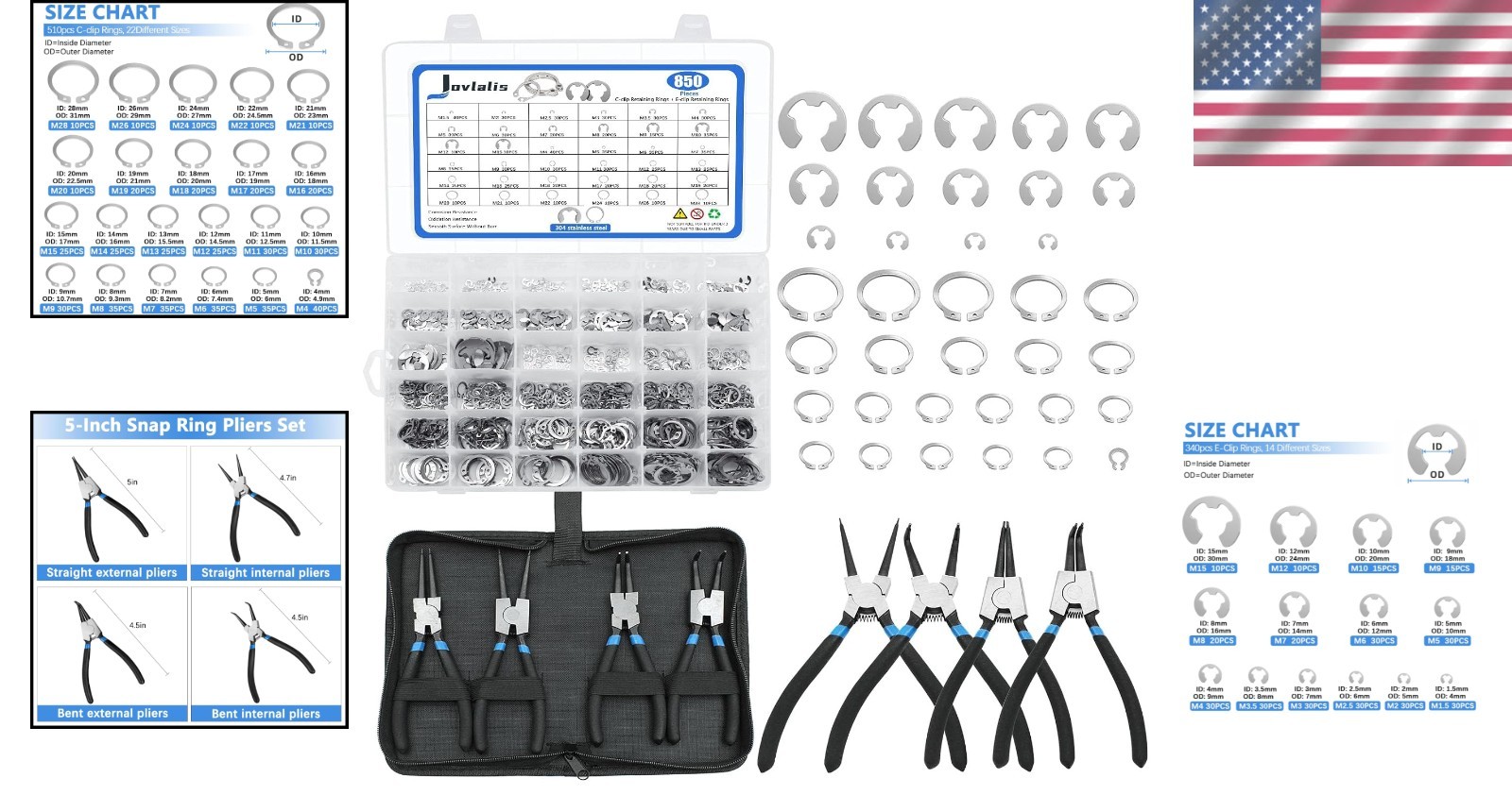 Stainless Steel Snap Rings + E-clip Assortment + 4-Pc Pliers