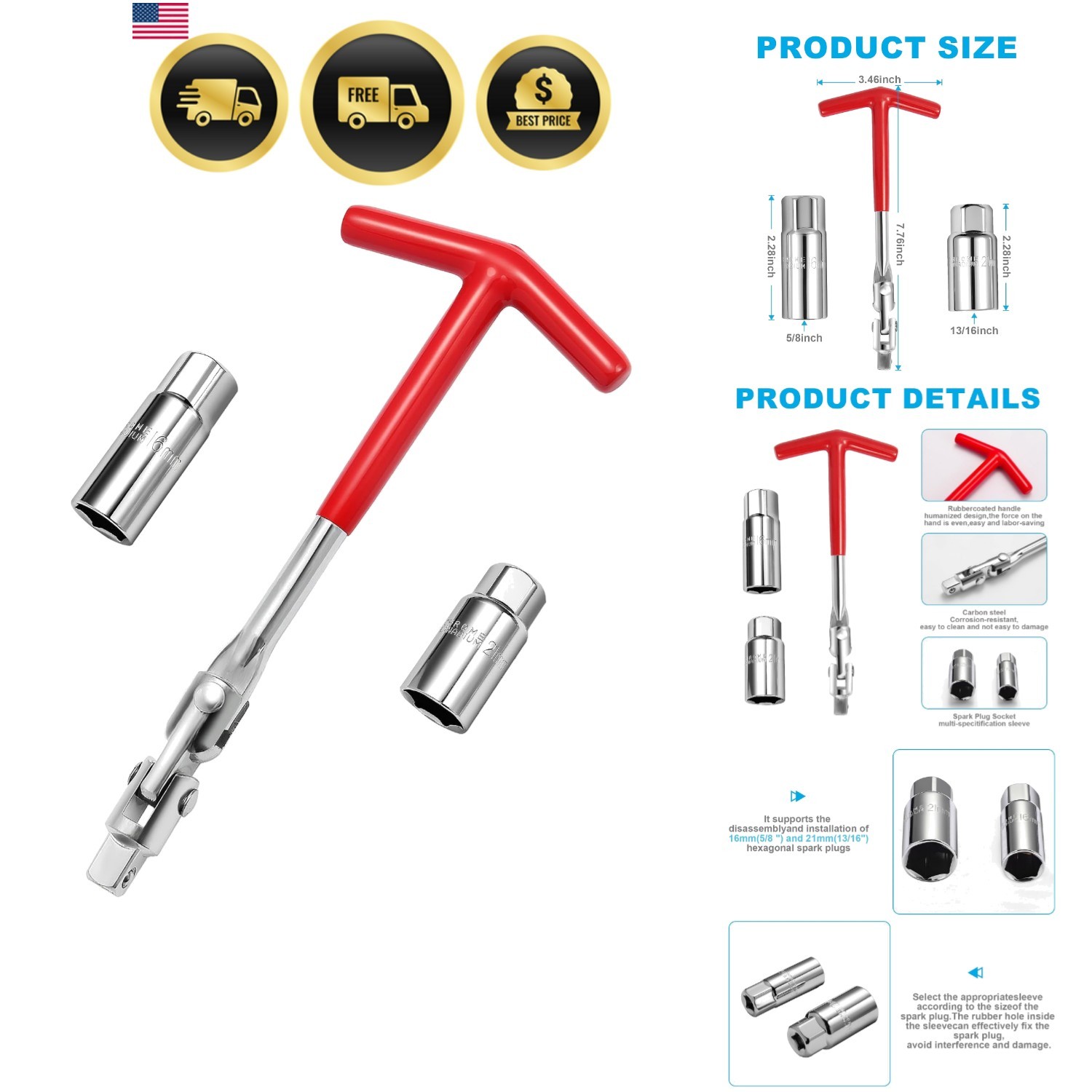 3Pcs Spark Plug Socket Wrench Set T-Handle, Universal 5/8″ & 13/16″ Spark Plu…