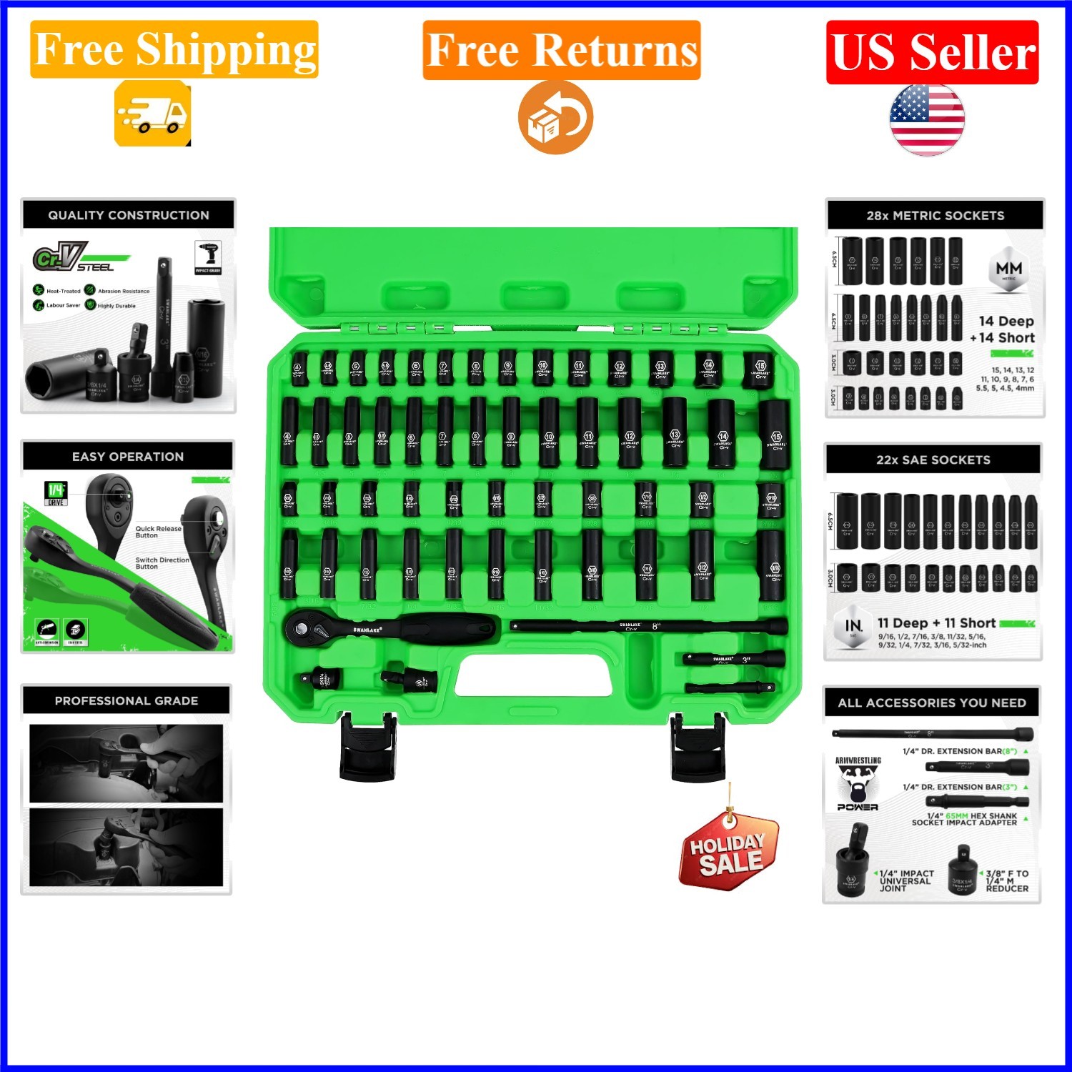 SWANLAKE 56-Piece 1/4″ Drive Impact Socket Set SAE & Metric, Cr-V, 6-Point