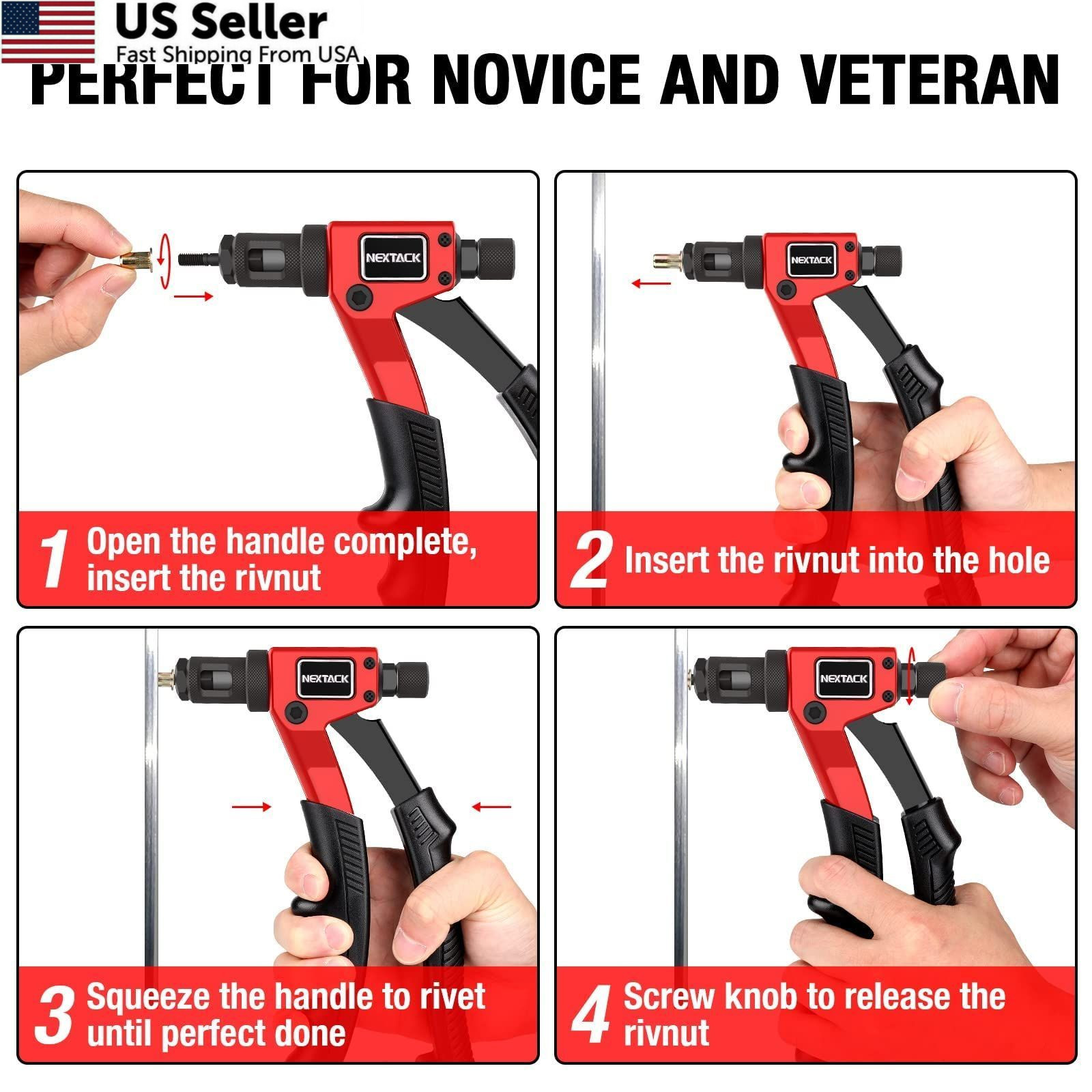 NEXTACK Rivet Nut 8-inch Single-handed Rivnut Tool Kit/80 Nutserts, Red,Black