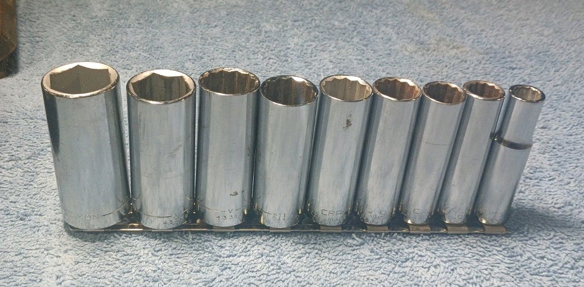 Craftsman 9 PC Socket Set. SAE Deep Chrome 3/8-7/8″. 7 12 Pt, 2 6pt (13/16 7/8).