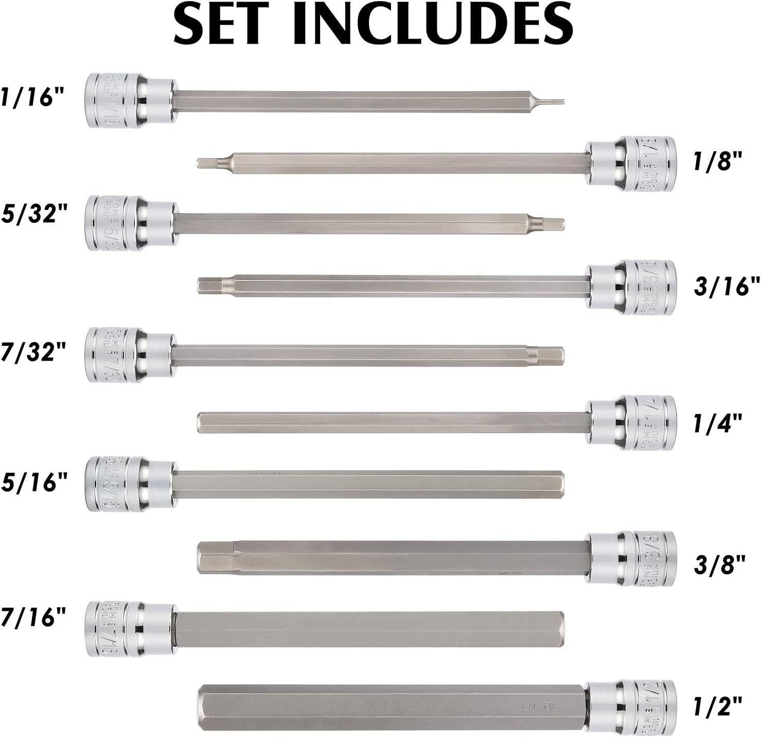 3/8 Inch Drive Long Hex Bit Socket Set, 1/16 Inch to 1/2 Inch, SAE, Extra Lon…