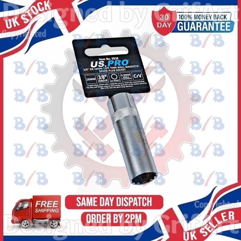 US PRO 16MM MAGNETIC SPARK PLUG SOCKET THIN WALL 12PT LONG DEEP REACH 3/8″ DRIVE