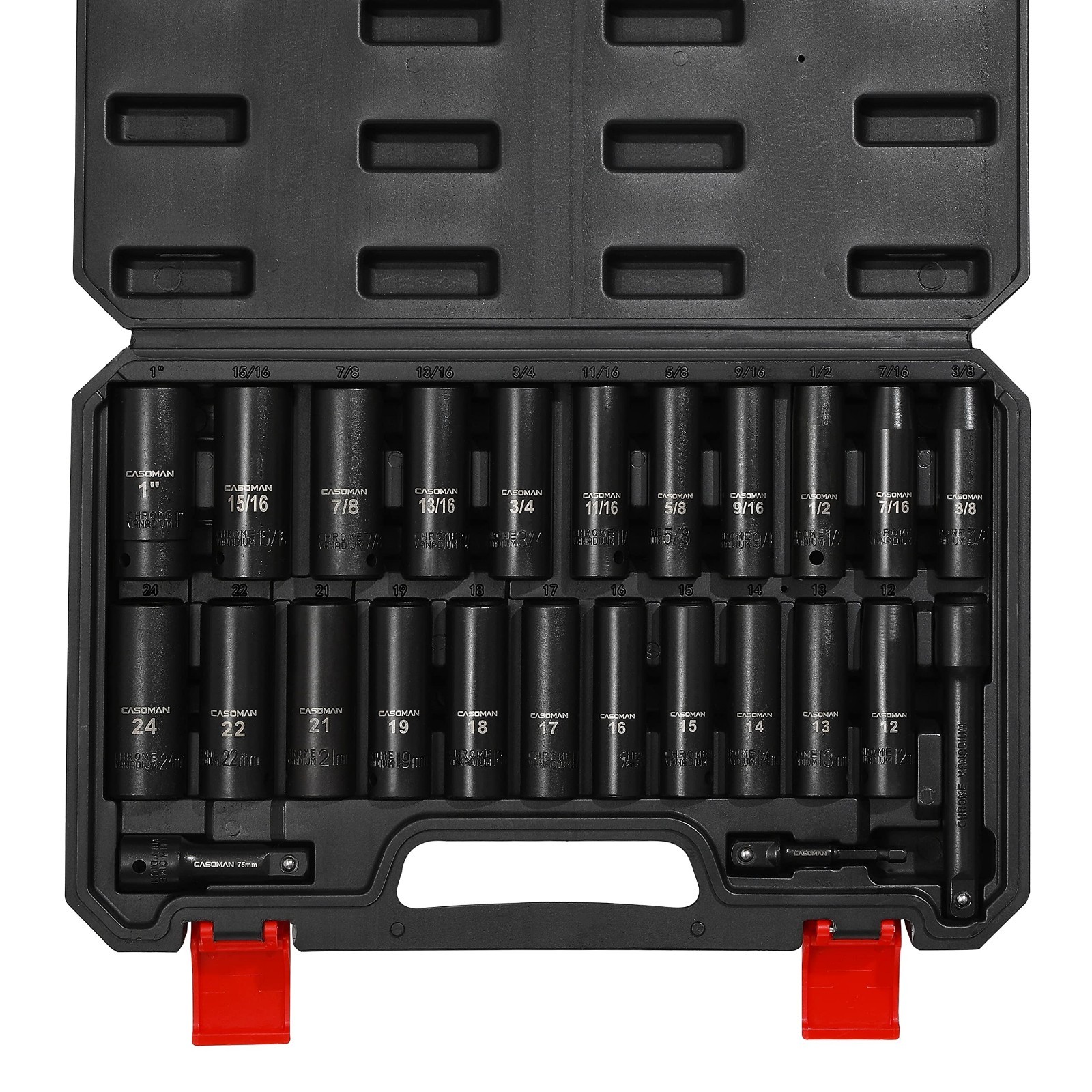 25PCS 1/2″ Drive Impact Socket Set – Deep Cr-V Steel, 6 Point, Metric & SAE, 12m