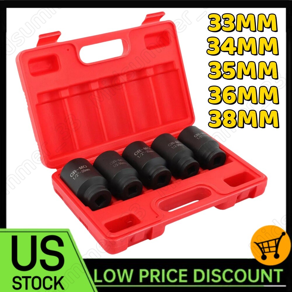 5Pcs 1/2″ Drive Deep Impact Axle Hub Socket Set 6 Point 33mm 34mm 35mm 36mm 38mm