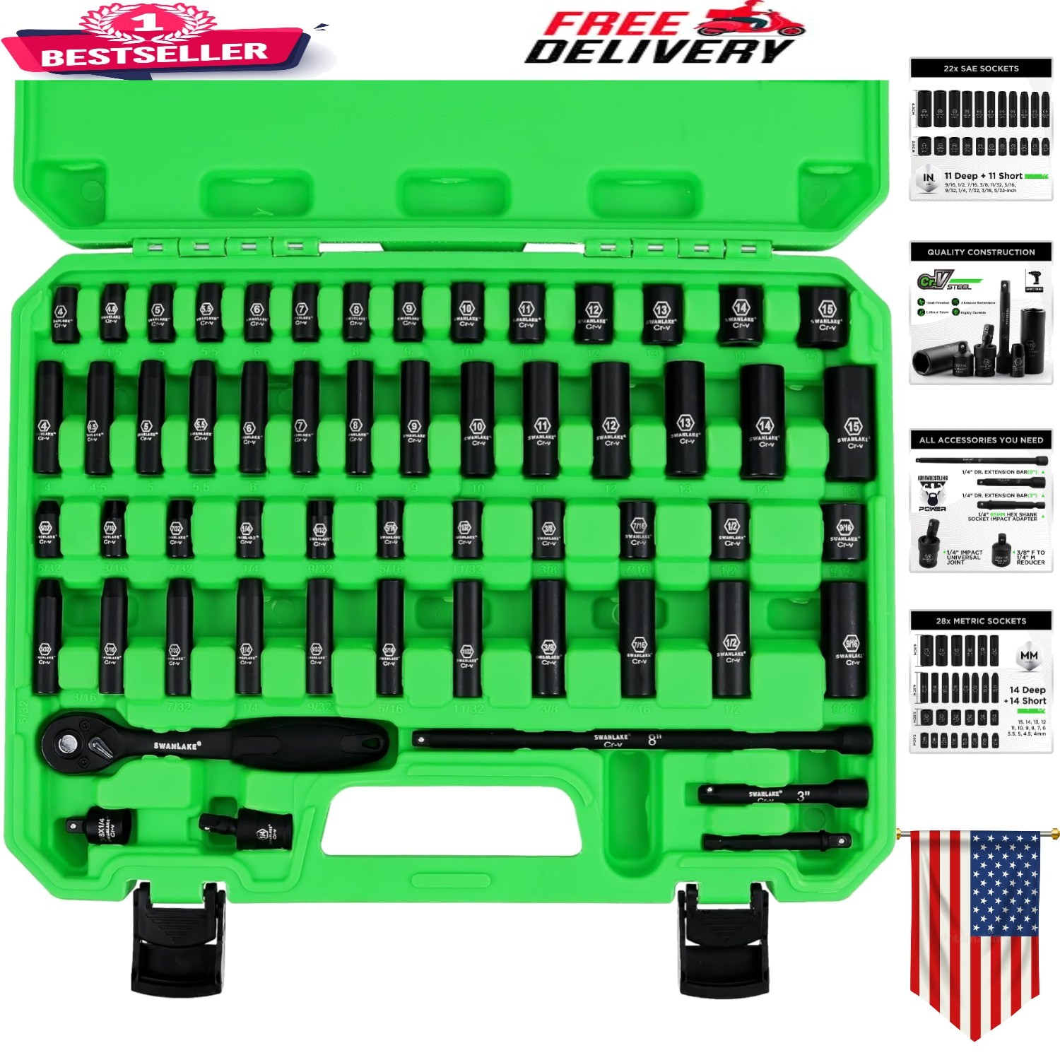 Complete 56-Piece Drive Socket Set – SAE & Metric Sizes with Custom Storage Case