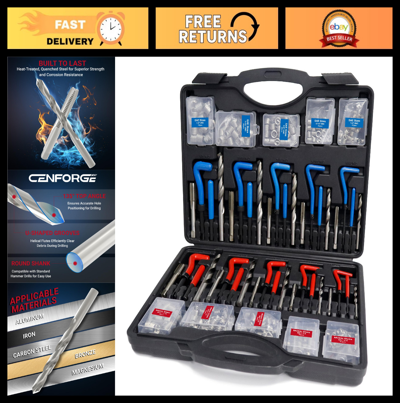 320-Piece Thread Repair Tool Kit | SAE & Metric Inserts, HSS Drill Bits, Taps |