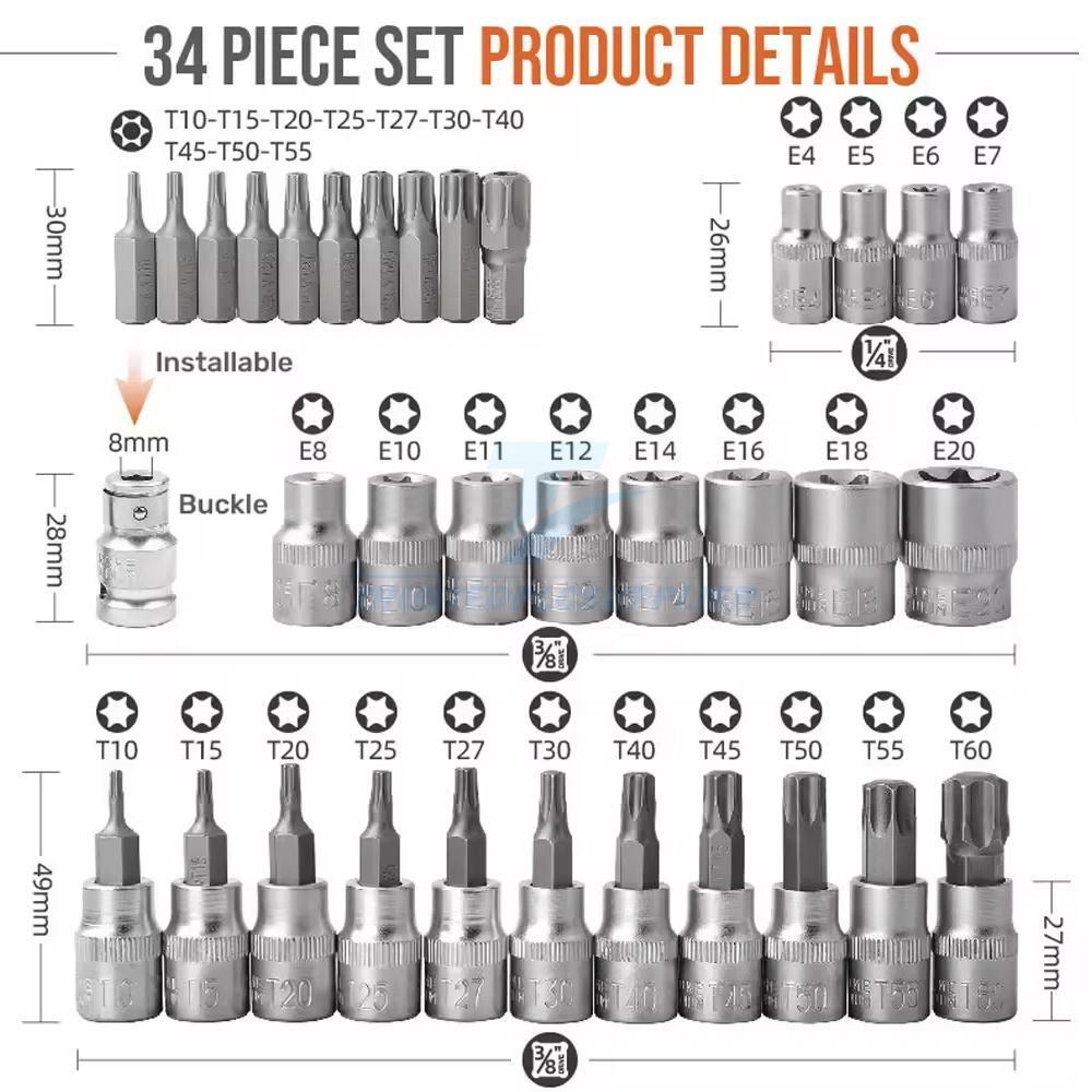 NEW 34pcs Torx Star Sockets & Bit Set Male Female E-torx Security Bits 3/8 Drive