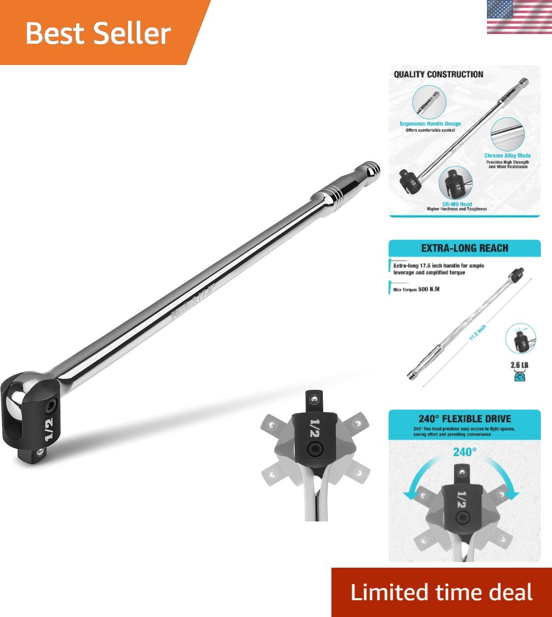 17.5-Inch Heavy Duty Breaker Bar with 240° Flex Head – 1/2» Drive
