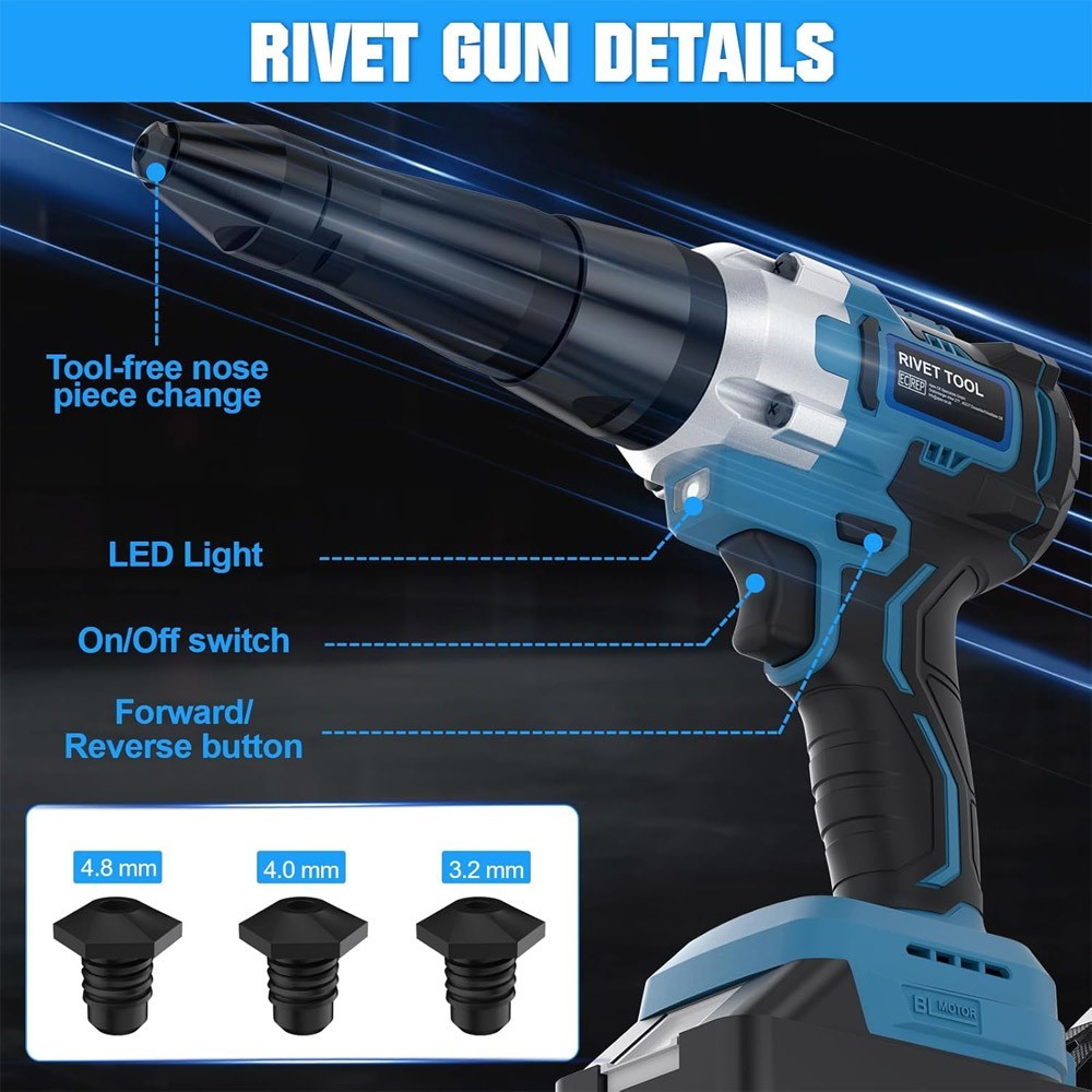 For Makita LXT 18V Battery Brushless Electric Rivet Gun Kit + 20 Rivets & LED