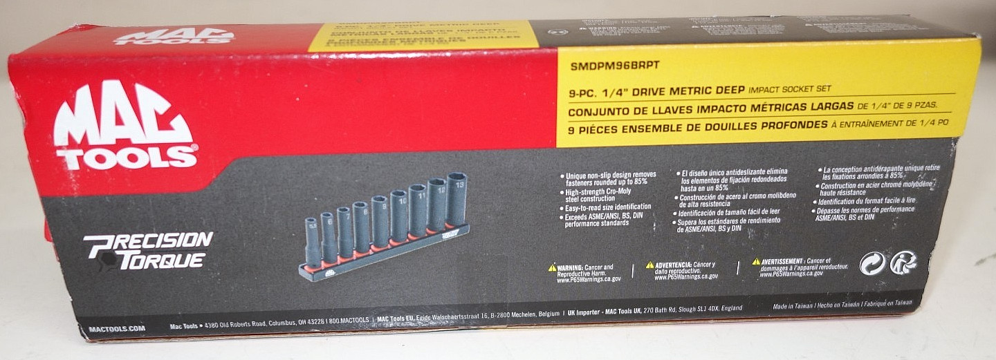Mac Tools 9-PC 1/4″ Dr Metric Deep Impact Socket Set SMDPM96BRPT