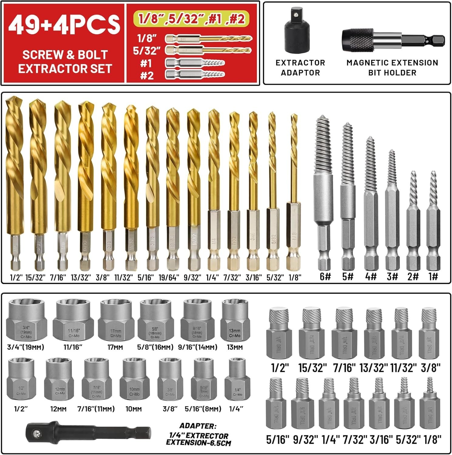 Extractor Set 53Pcs Left Hand Drill Bit, Bolt Remover Kit
