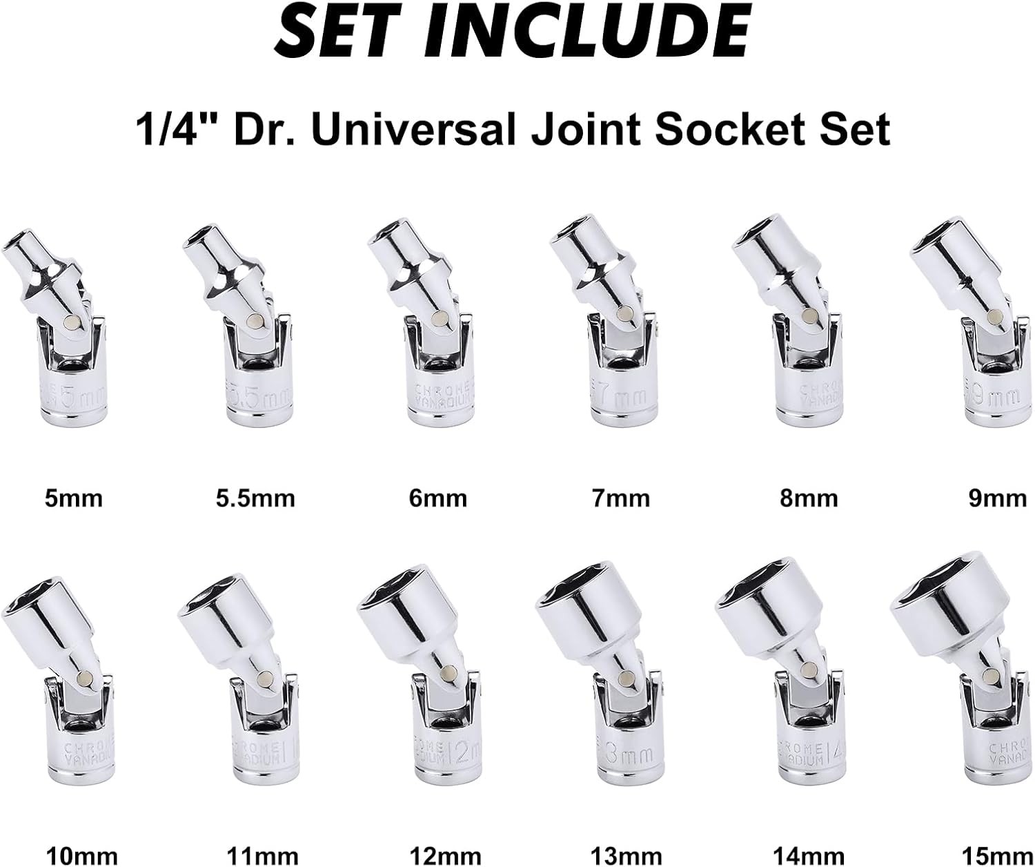 12PCS 1/4 Inch Drive Universal Flex Socket Set,Metric,6-Point, CR-V, Swivel Head