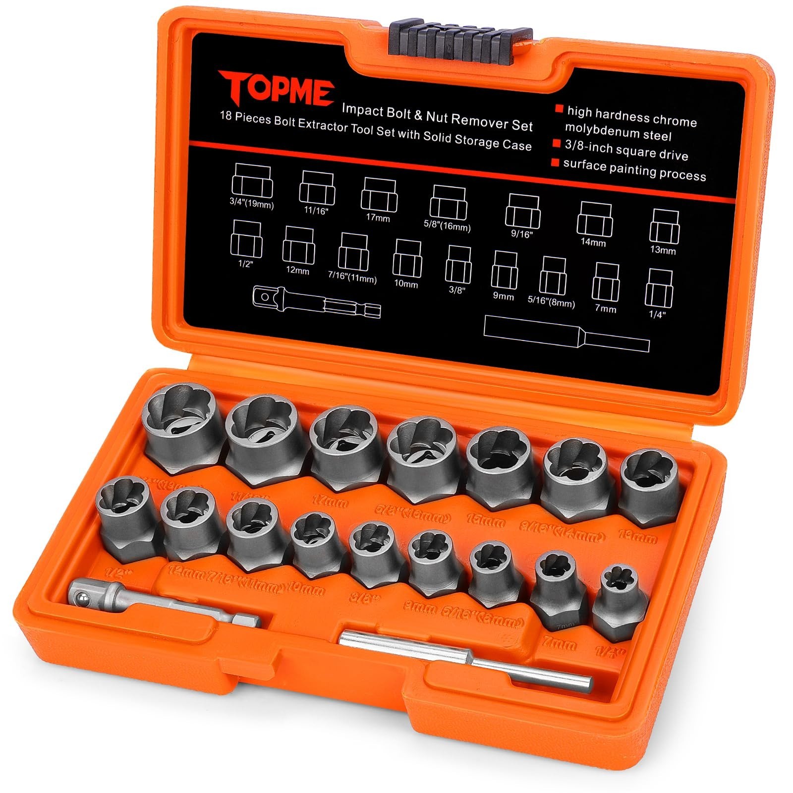 18-Piece Bolt Extractor Set – 3/8″ Drive for Damaged, Rusted, Rounded Bolts & Nu