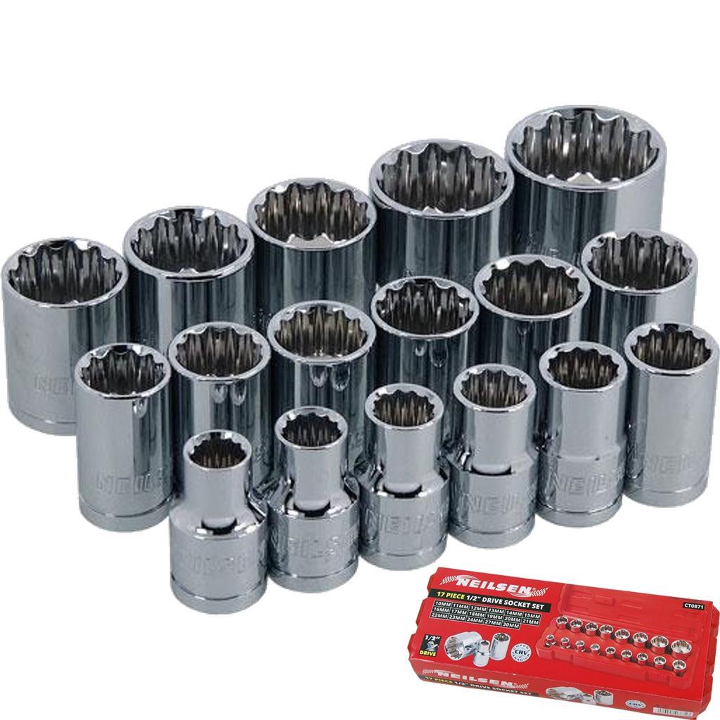 Neilsen Metric Drive Sockets 10mm – 30mm Socket Set In Bmc 17pc 1/2″