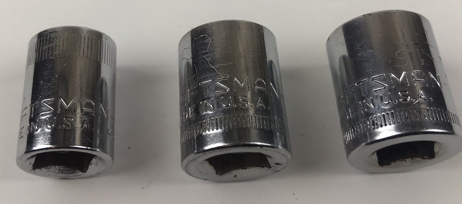 Lot of 3 Vintage Craftsman -V- Series Sockets 3/8”Drive 12 Pt 11MM 14 MM & 15 MM
