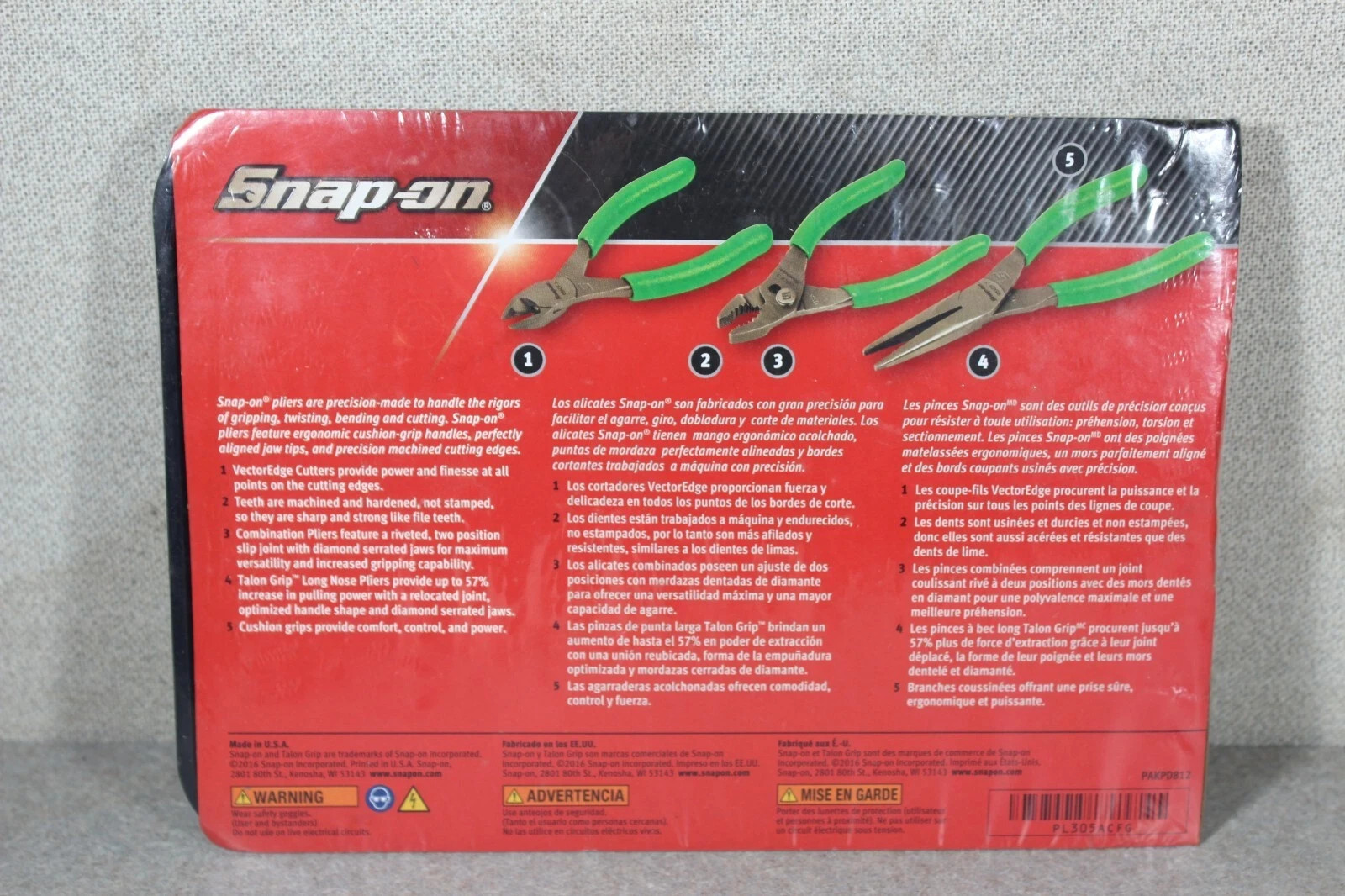 Snap On Tools New PL305ACFG 3 Piece Green Soft Grips 4,5 & 6-Inch Pliers Set USA