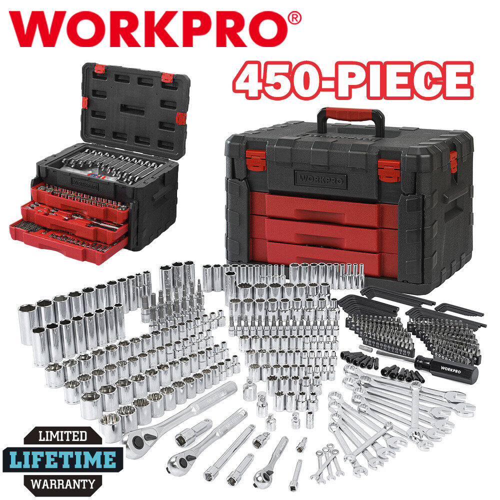 WORKPRO 450 Pieces Mechanics Tool Set SAE/METRIC SOCKETS With 3 Drawer Case Box