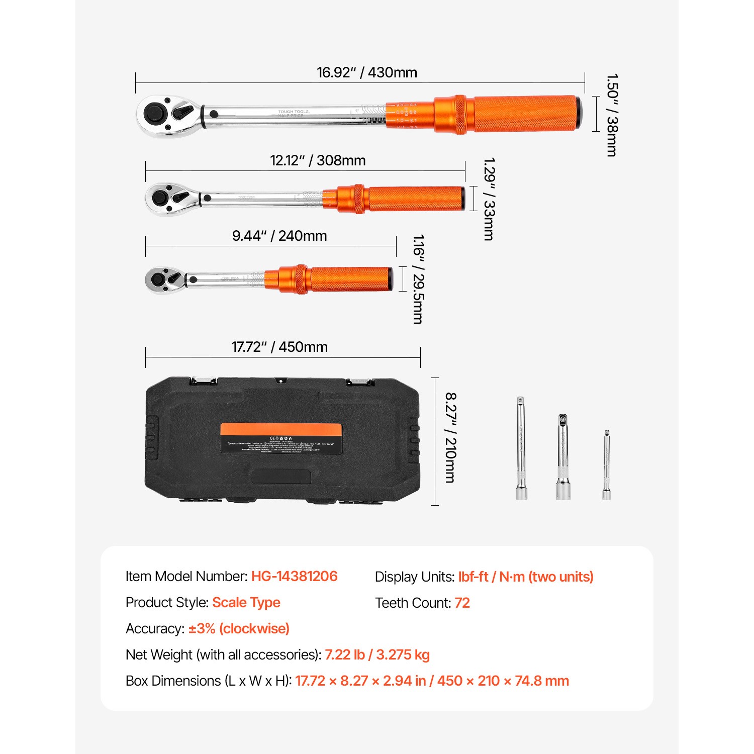 Uimoso Torque Wrench Set 3 Sizes 1/4 3/8 1/2 Inch Drive Dual-Direction 72-Tooth