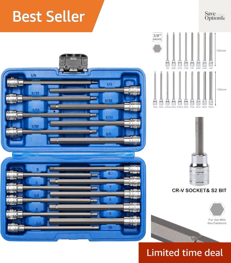 3/8″ Drive Extra Long Allen Hex Bit Socket Set, S2&CR-V, Metreic&SAE, 18 Piec…