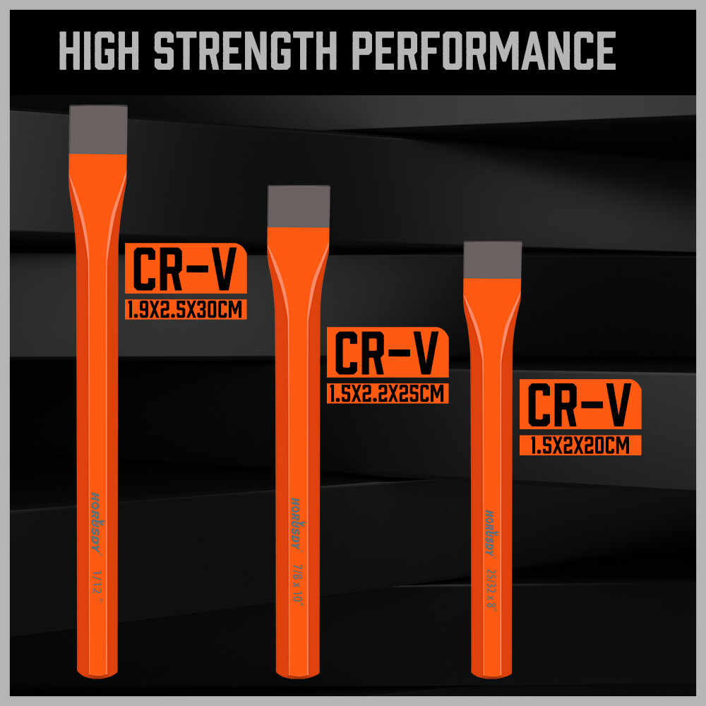3 PC Cold Chisels Set – Long 8″ 10″ 12″ with Roll Pouch 1″ 7/8″ 25/32″ Hex Shaft