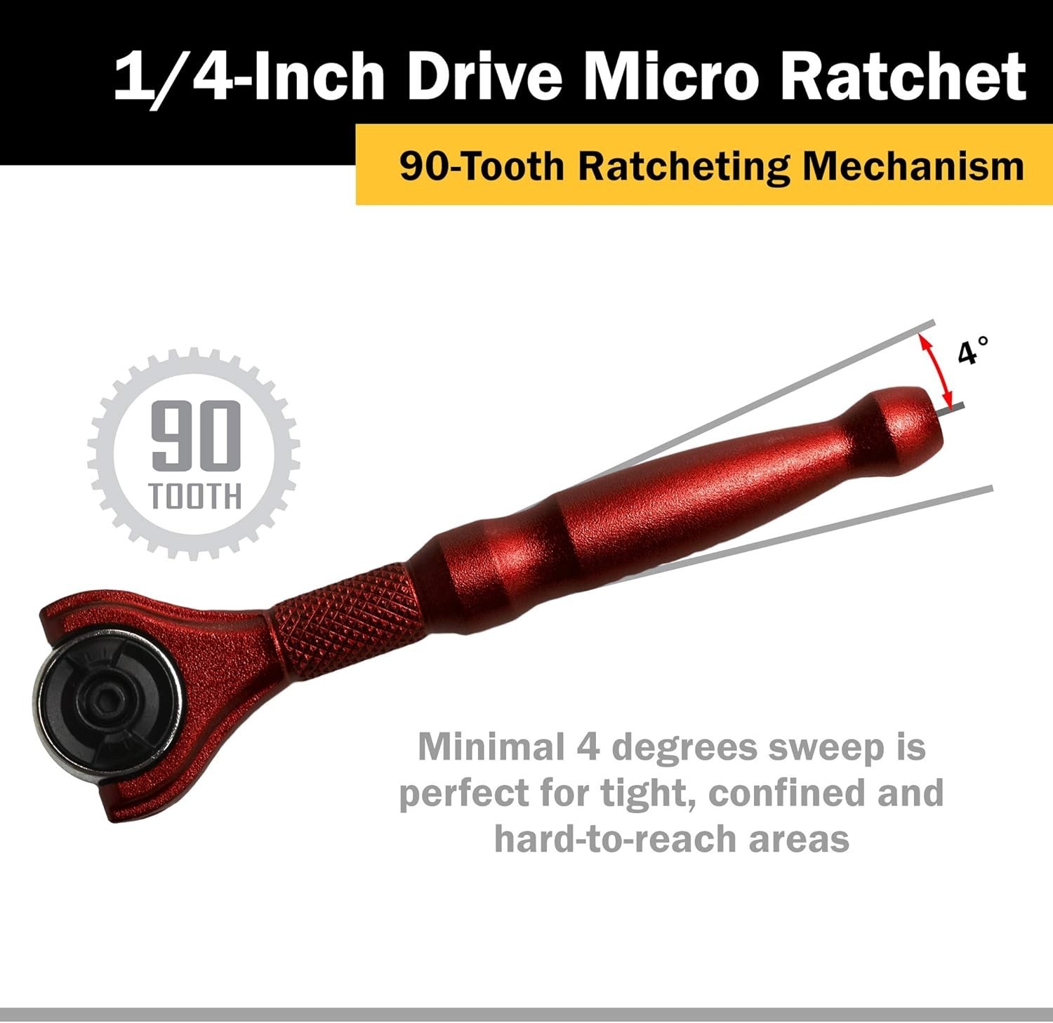1/4 Drive 4 Inch 90 Tooth Swivel Head Micro Ratchet Red