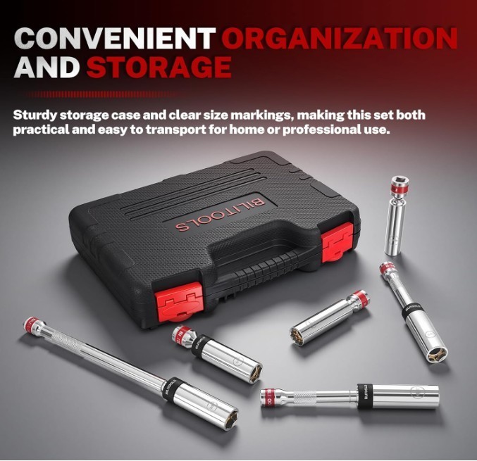 BILITOOLS 7-Piece Magnetic Swivel Spark Plug Socket Set Gap Tool 3/8-Inch Drive