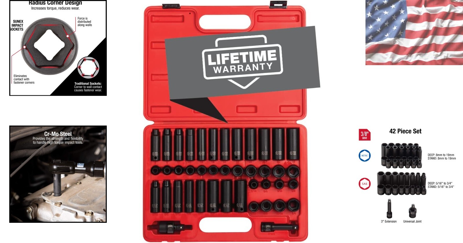 Durable 42-Piece Impact Socket Collection – SAE & Metric Sizes, ANSI Certified