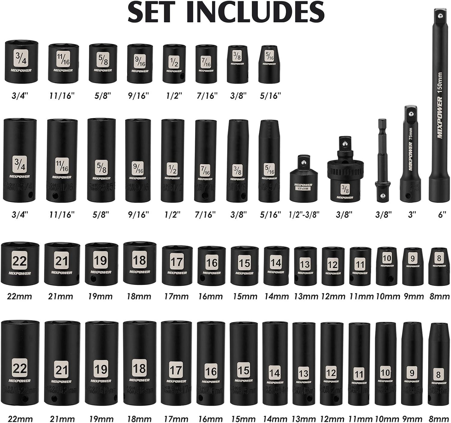 49-Piece 3/8″ Drive Deep Impact Socket Set – Durable Cr-V Steel & 6 Point Design