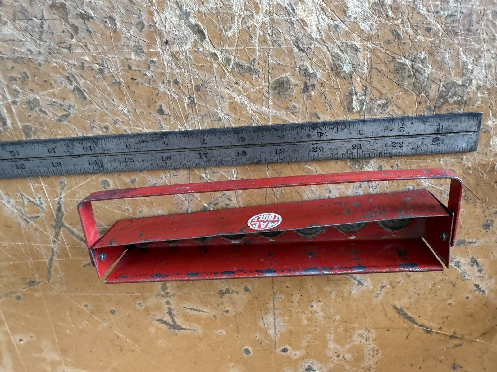MAC Tools Red Metal Parts Tray Carry Tray Socket Holder Round Logo USA 9”