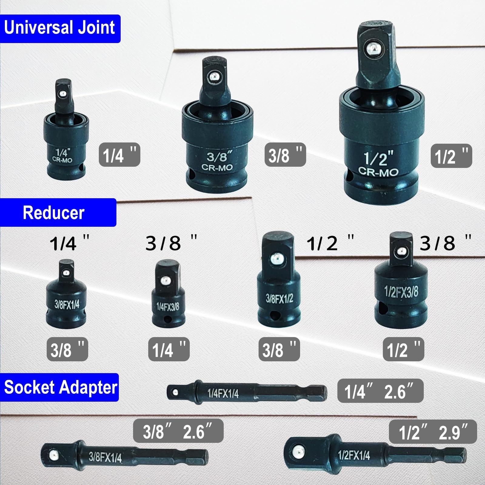 10-Piece Impact Swivel Socket Set, Cr-Mo Steel, 1/4″ 3/8″ 1/2″ Adapters & Reduce