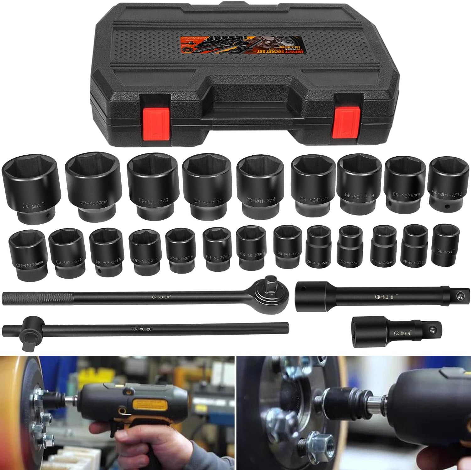 3/4″ Impact Socket Set 27 Pcs SAE 7/8″-2″ Metric 22-50 MM Standard Kit with Case