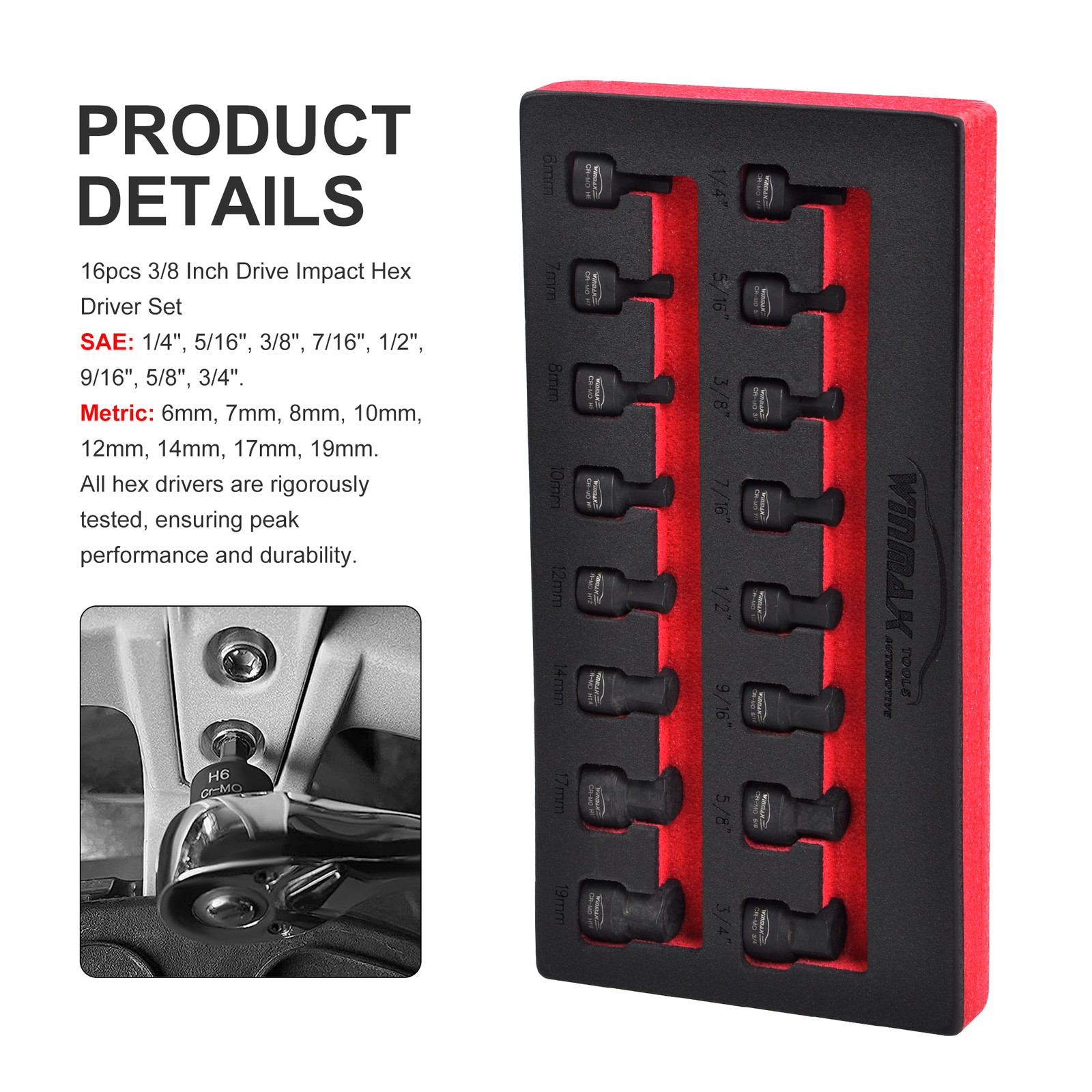 3/8″ Drive Low Profile Impact Hex Driver Set, Metric 6-19mm, SAE 1/4″-3/4″ 16pcs