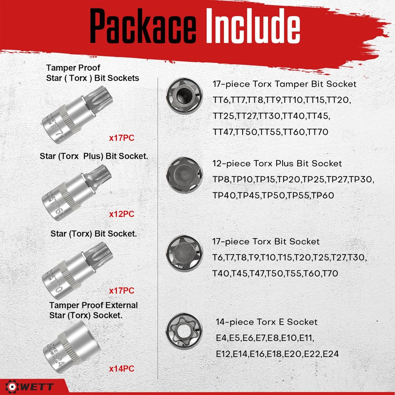 60-Piece 1/4″,3/8″,1/2″ Drive Master Torx Bit Sockets & External Torx Socket Set
