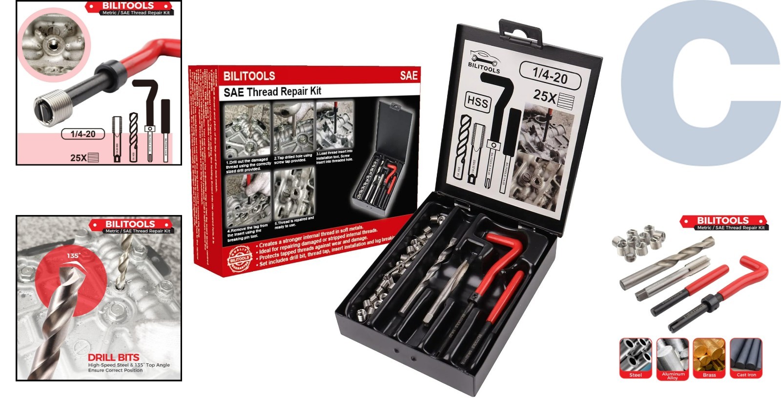1/4-20 Inch Thread Repair Kit with HSS Drill and Stainless Inserts for Strength