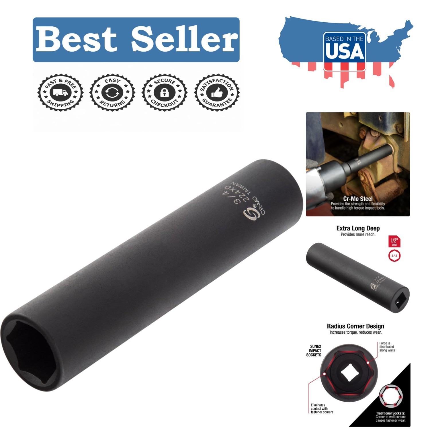 Durable Impact Socket 224XD: Extra Long Deep 1/2 Inch Drive for Professionals