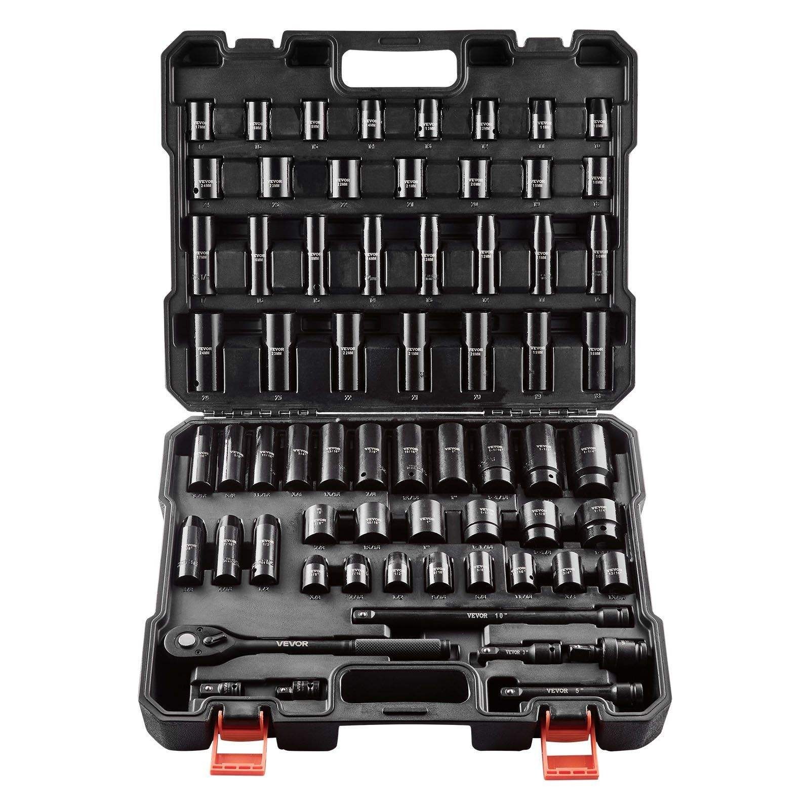 65PCS Impact Socket Set 1/2″ Drive SAE Metric Deep Standard Sockets Case