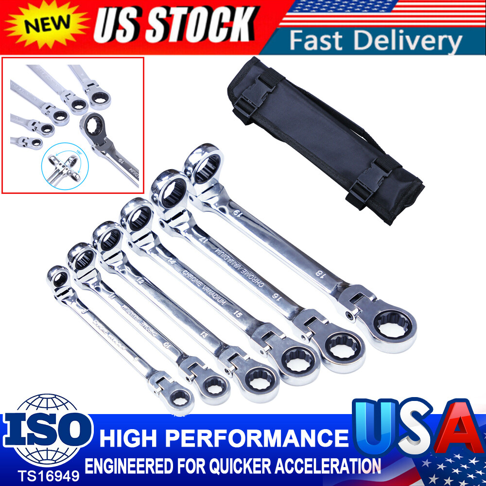 6 Double Box End Ratcheting Wrench FlexHead Extra Long Heavy Duty Spanner Kit US