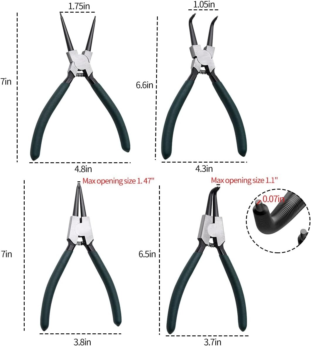 Precision 4pcs Circlip Pliers Kit, 7-Inch Internal/External Snap Ring Set