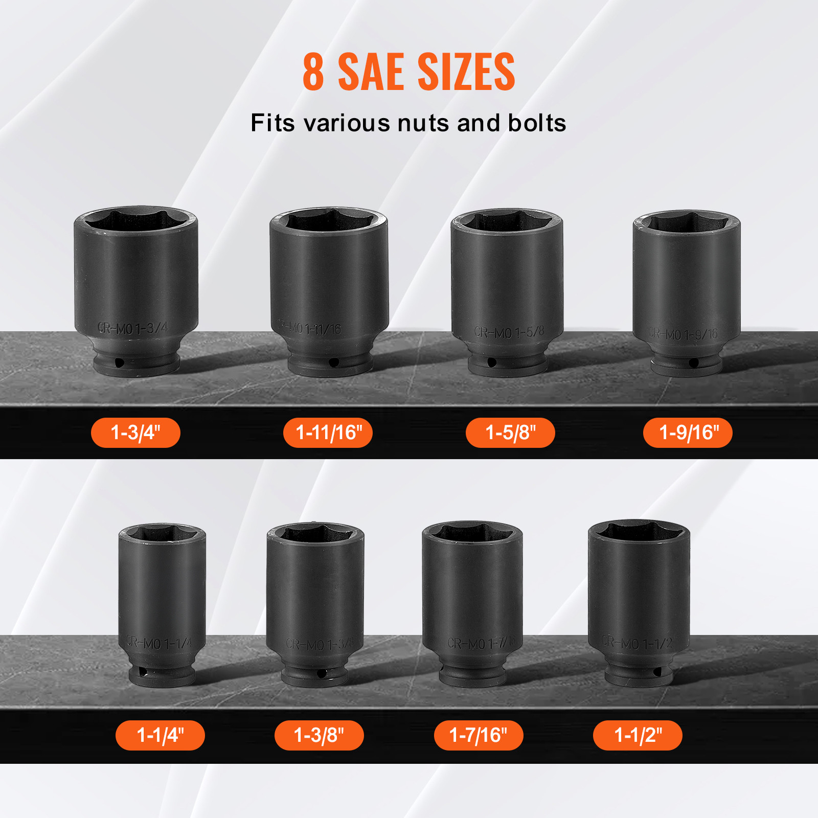 VEVOR Axle Nut Impact Socket Set 1/2″ Drive Deep 6-Point 8PCS SAE Nut Socket