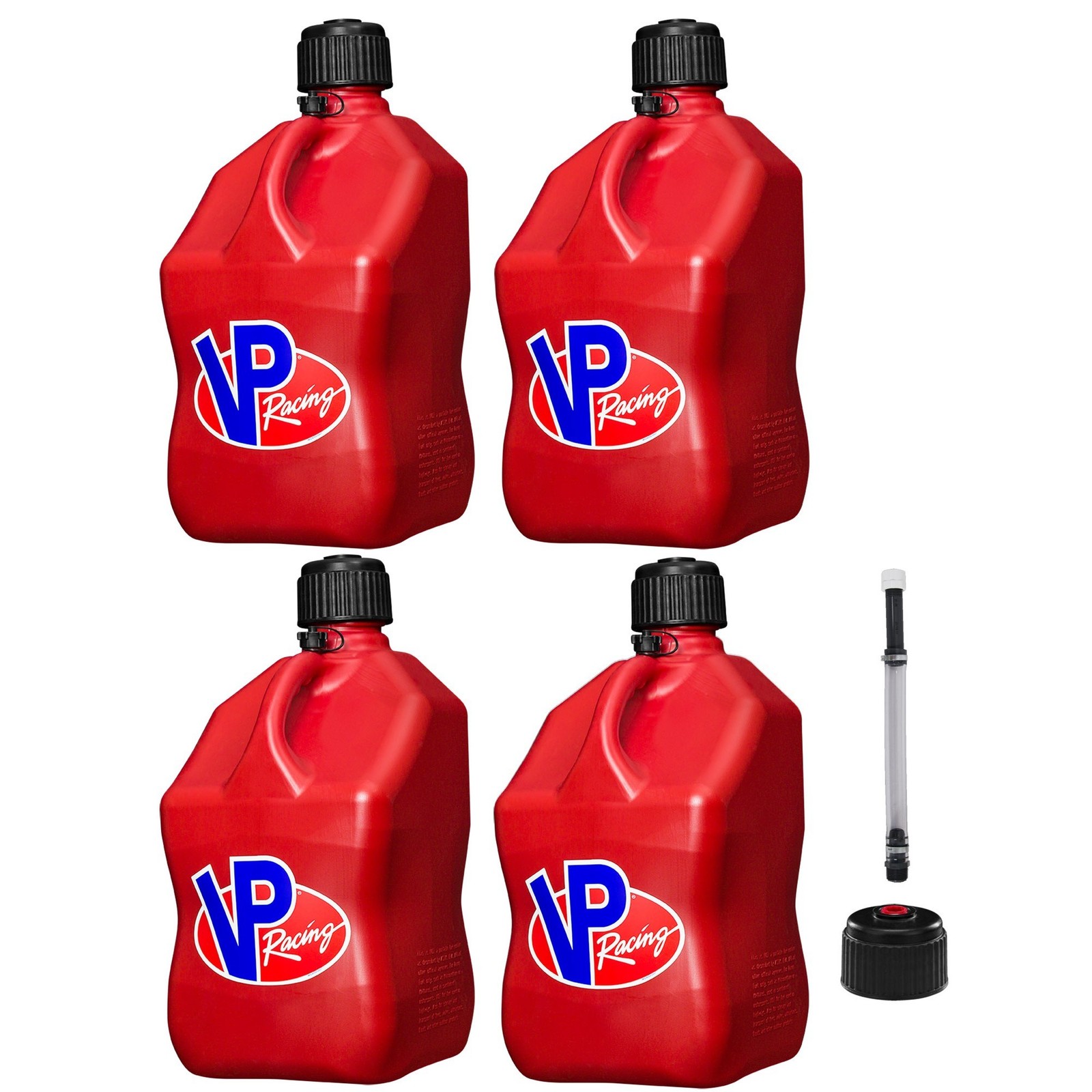 VP Racing Square Fuel Jug 5 Gallon Red x 4 – With Spare Cap and Filler Hose