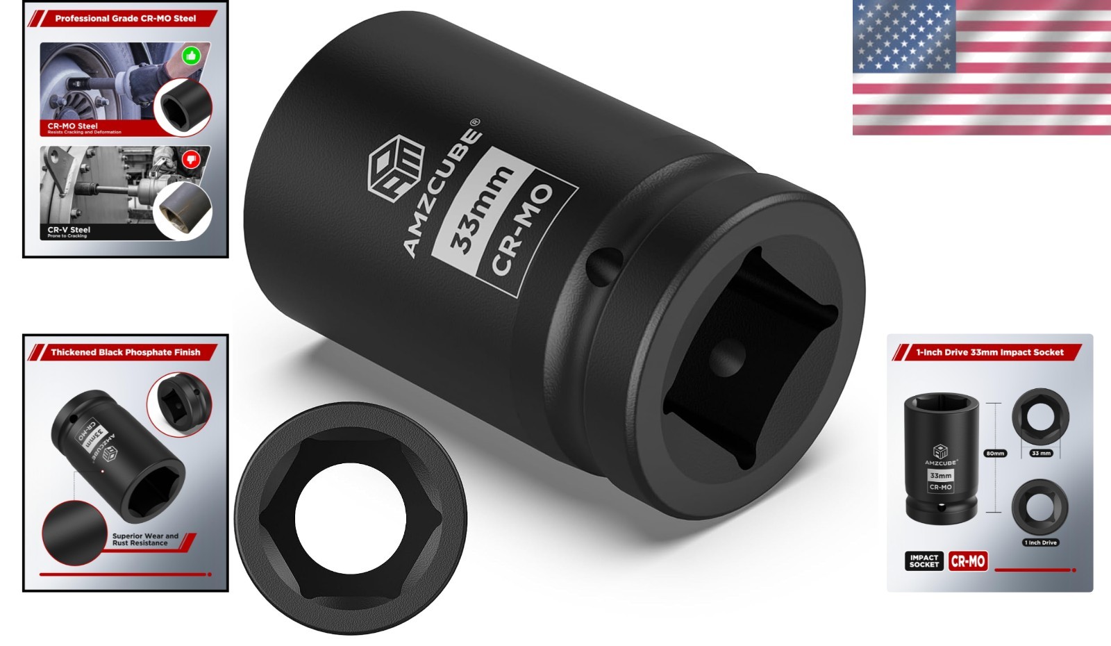 33mm Deep Impact Socket, 1 Inch Drive, Chrome Molybdenum Steel, Manganese Finish